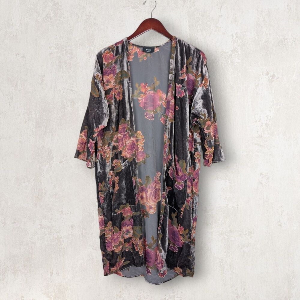 VICI Womens Floral Burnout Velvet Kimono Cardigan Size Medium
